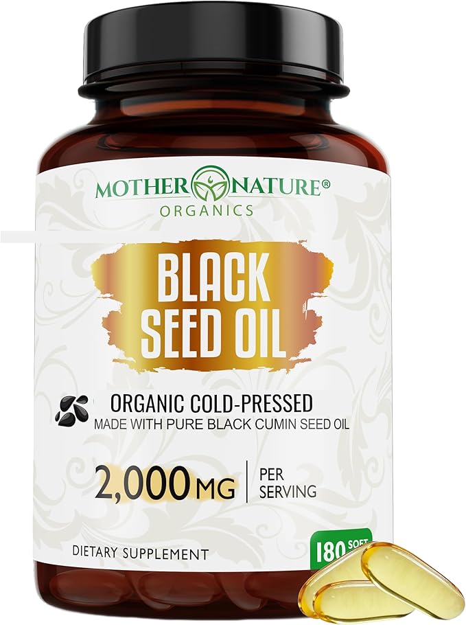 Mother Nature - Organic Black Seed Oil Capsules, Cold Pressed, 2% TQ, 100% Turkish-Black Cumin Nigella, Sativa Oil-3 Month Supply for Immune Support, Joint, Digestive Health,1000mg per Capsule, 180ct