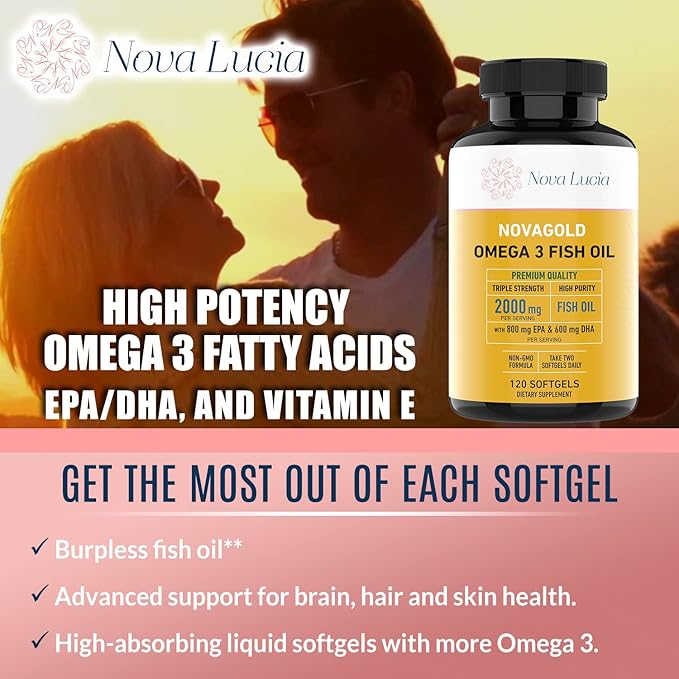 Omega 3 Burpless Fish Oil Supplement 2000mg Max Strength Maintain Healthy Heart, Sharper Brain, Shiny Hair, Boost Immune System, High Potency EPA & DHA Vitamin E, Non-GMO 120 Small Liquid Softgels