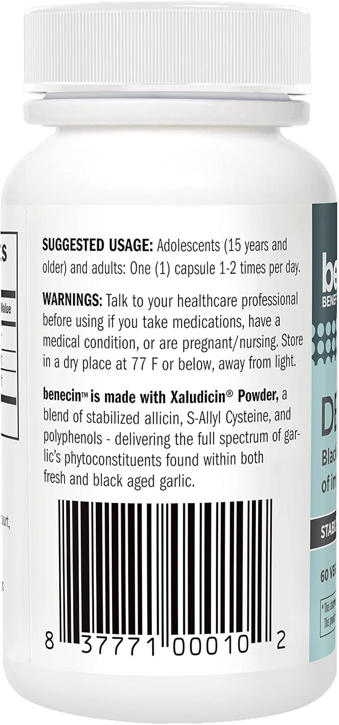 Benecin Defense 1500 mcg Stabilized Allicin per Capsule | Plus high Amounts of SAC & Polyphenols from Black Garlic | Powerful Support of Immune & Heart Function Vegetarian Caps (1 Count (Pack of 60))
