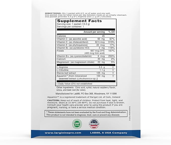 L-ARGININE PRO Supplement Powder | 60 Packets Single Serve Travel Size | 5,500mg of L-arginine Plus 1,100mg L-Citrulline, Raspberry