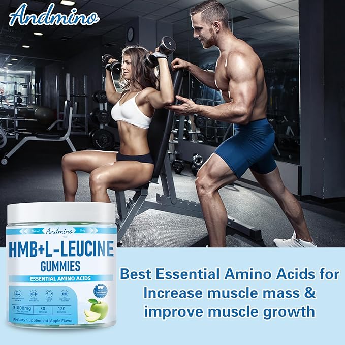 HMB and L-Leucine Gummies, 3000mg, with Trehalose, for Muscle Growth, Muscle Relief and Workout Recovery, for Adults & Elder, Non-GMO, Vegan, Gluten Free, Apple Flavor, 120