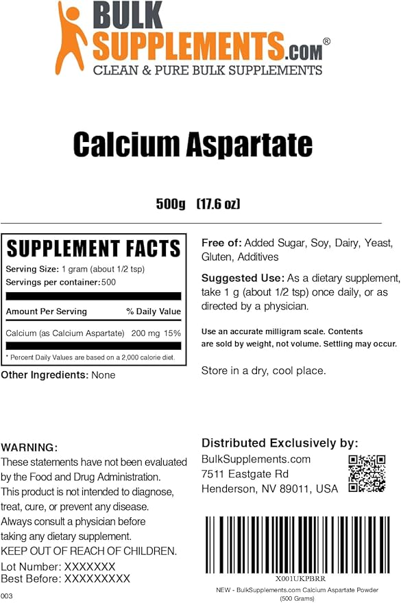 BulkSupplements.com Calcium Aspartate Powder - Calcium Supplement Powder, Essential Nutrient - Gluten Free, 1g per Serving, 500g (1.1 lbs) (Pack of 1)