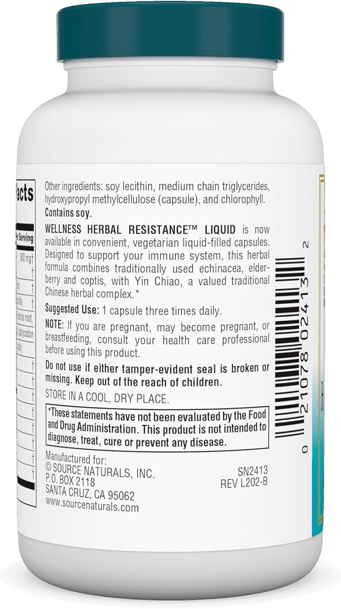 Source Naturals Wellness Herbal Resistance Liquid Immune Defense Supplement & Immunity Booster with Echinacea, Elderberry & Yin Chiao* - 30 Vegetarian Capsules