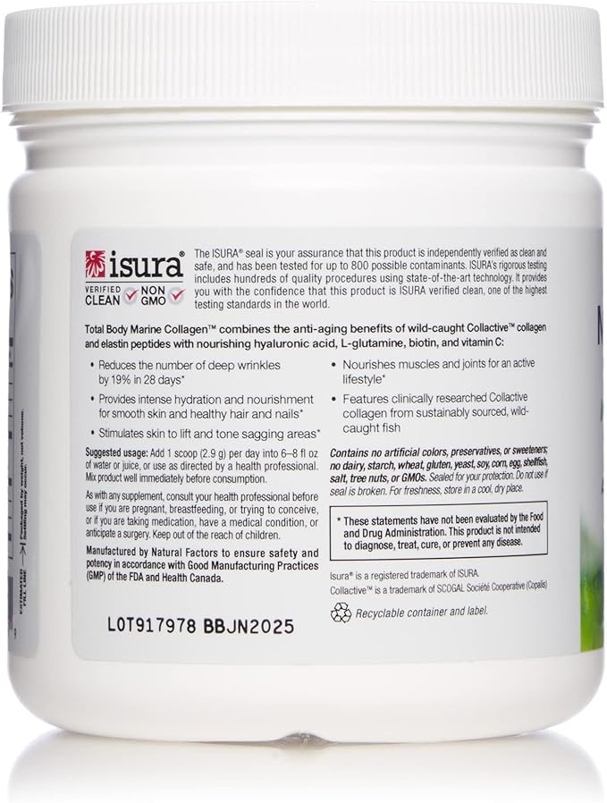 Natural Factors Total Body Marine Collagen, Bioactive Peptides Powder for Healthy Skin, Hair & Joints, Unflavored, 4.8 Oz