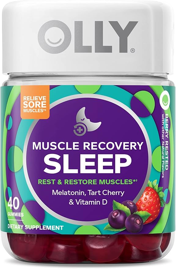 OLLY Muscle Recovery Sleep Gummies, Sleep and Sore Muscle Support, 3mg Melatonin, Tart Cherry & Probiotic + Prebiotic Gummy, Digestive Support and Gut Health, 500 Million CFUs, Fiber