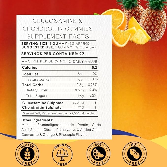 SOHM Glucosamine and Chondrotin Gummies 60 Count Individually Wrapped, Supports Joints Health and Bones Health, Glucosamine Chondroitin Gummies for Mens and Women Vegetarian (Pineapple,Orange)