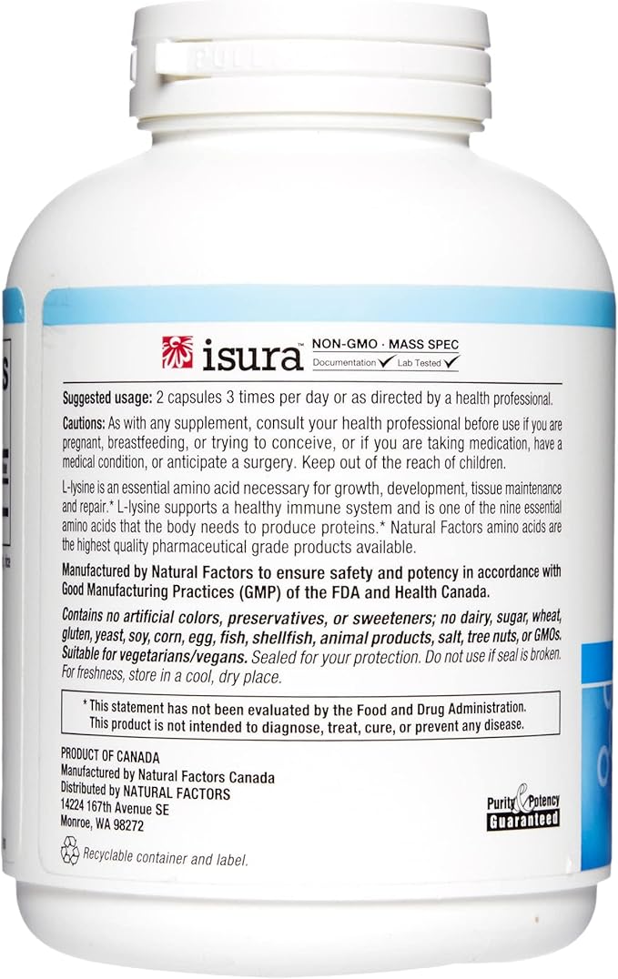 Natural Factors, L-Lysine 500 mg, 180 Vegetarian Capsules