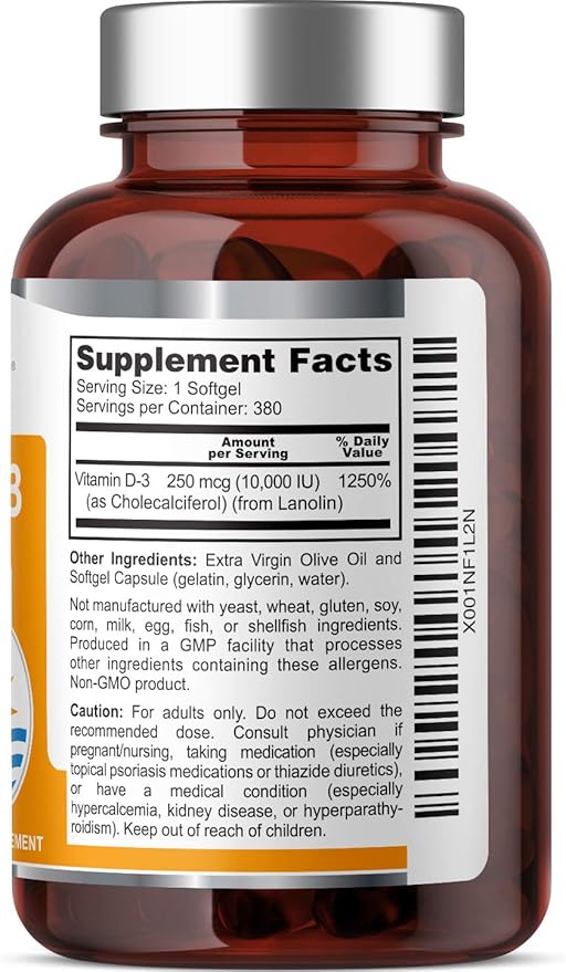 Vitamin D-3 10000 IU 380 Softgels - High-Potency in Extra Virgin Olive Oil Non-GMO Soy-Free Supports Strong Bones Immune Health