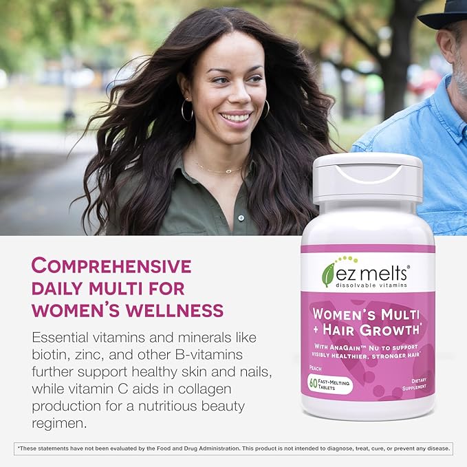 EZ Melts Dissolvable Women’s Multivitamin + Hair Growth with Biotin, Bamboo Extract & Clinically Studied AnaGain™ Nu, Supports Visibly Healthier, Stronger Hair, Sugar-Free Peach Flavor, 1-Month