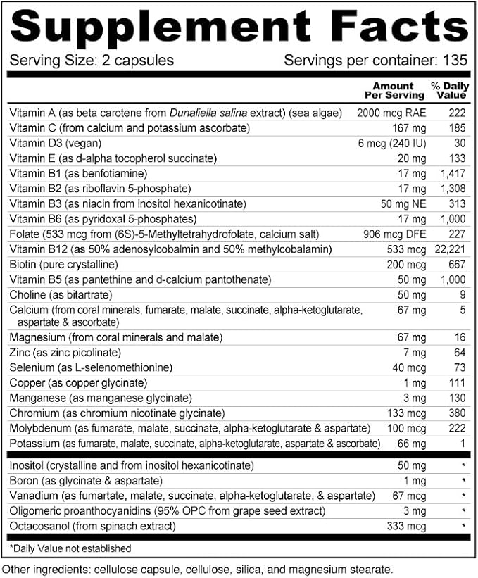 Wellness Resources Daily Energy Multiple Vitamin - 100% coenzyme B Vitamins Including Methylfolate and Methylated B12 with Other Important Cofactors for Energy, Stress, and Mood (270 Capsules)