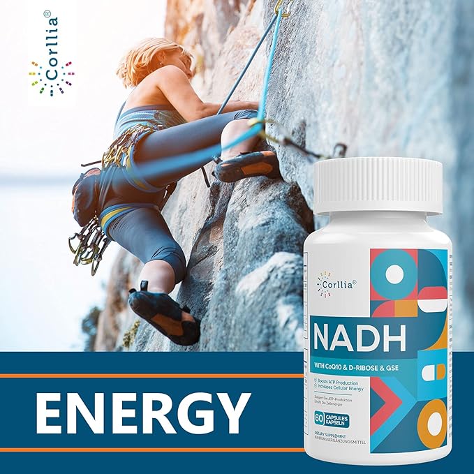 Corlia NADH 50mg + CoQ10 200mg + D-Ribose 150mg Supplement, Enhance NAD+ Supplement for Energy, Fatigue, Reduced Nicotinamide Adenine Dinucleotide, 360 Veggie Capsules