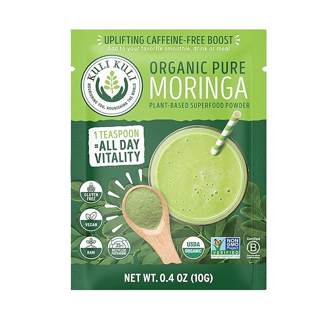 Kuli Kuli Moringa Oleifera Organic Leaf Powder & Green Smoothie, 100% Pure USDA Certified & Non-GMO Moringa Powder, Great with Smoothies, Tea, and Food, 0.4 Ounce, Pack of 20 (KK_PM)