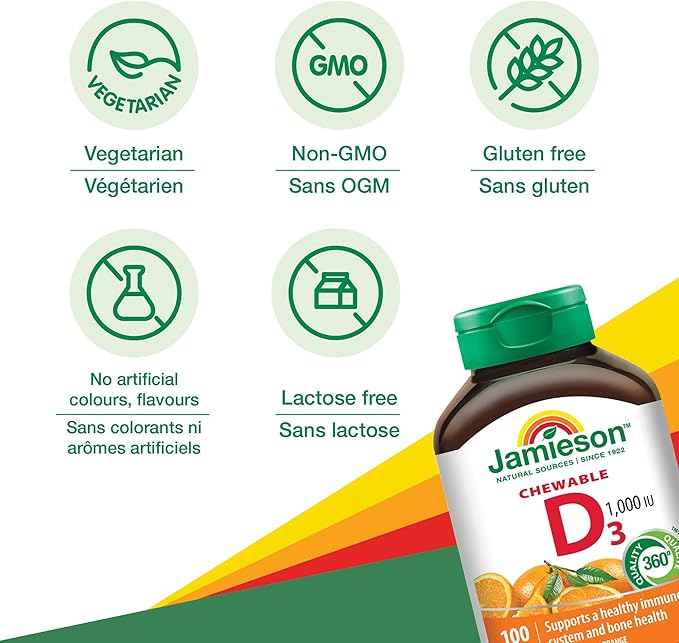 Jamieson Natural Tangy Orange Chewable Vitamin D 1000IU 100 tablets