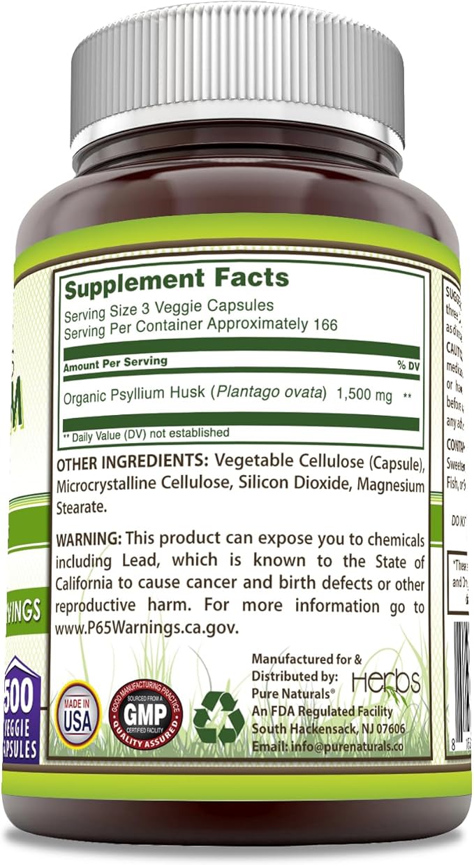Pure Naturals Psyllium Husk 500mg 500 Veggie Capsules Supplement | Non-GMO | Gluten Free | Made in USA | Ideal for Vegetarians