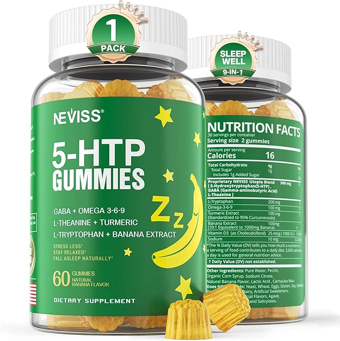 1Pack 5-HTP GABA Gummies - Melatonin Free Calm & Relaxation Gummies w/Banana Extract, L-Theanine, L-Tryptophan, Omega-3-6-9 for Health Rest Cycle & & Circadian Rhythm, Natural Zzzs, Brain Relax