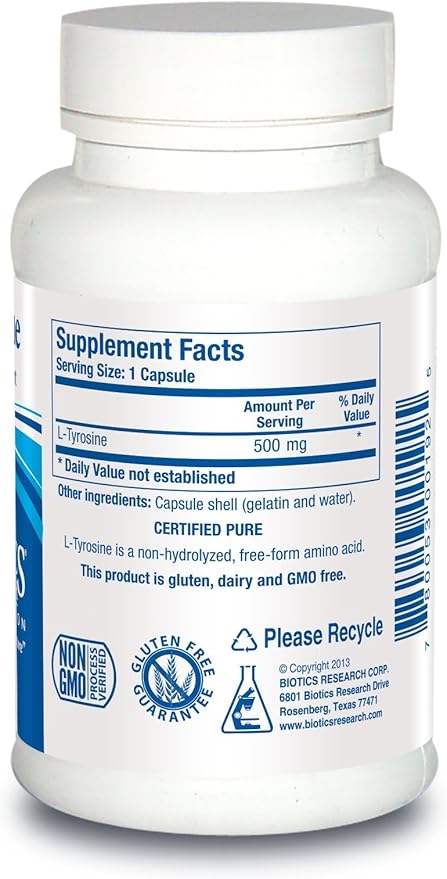Biotics Research L Tyrosine 500 Milligram, Mood and Memory Support, Supports Overall Relaxation Response, Supports Thyroid Function. 100 Capsules