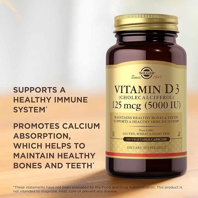 SOLGAR Vitamin D3 (Cholecalciferol) 125 mcg (5000 IU) - 240 Vegetable Capsules, Pack of 2 - Non-GMO, Gluten Free, Dairy Free, Kosher - 480 Total Servings