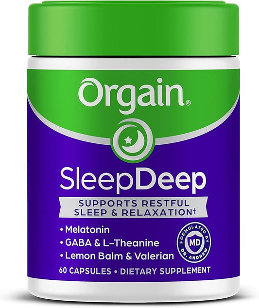 Orgain SleepDeep, Melatonin Sleep Aid Support Supplement with Magnesium, GABA, L-Theanine, L-Tryptophan, Chamomile, Lemon Balm & Valerian Root, Gluten Free, Doctor Formulated - 60 Count, 30 Day Supply