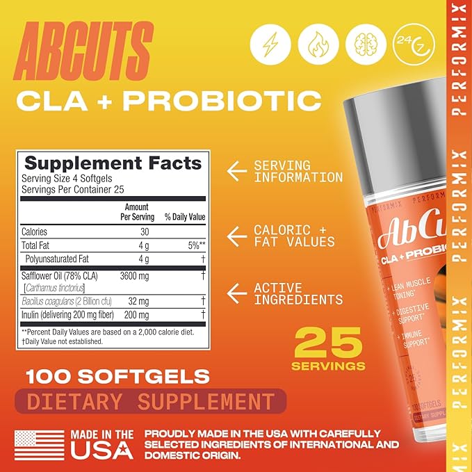 PERFORMIX - AbCuts CLA + Probiotics - Fitness Goals - Supports Lean Muscle Growth & Gut Health - Energy & Endurance - Digestive Health Wellness - Women & Men - 100 Soft Gels