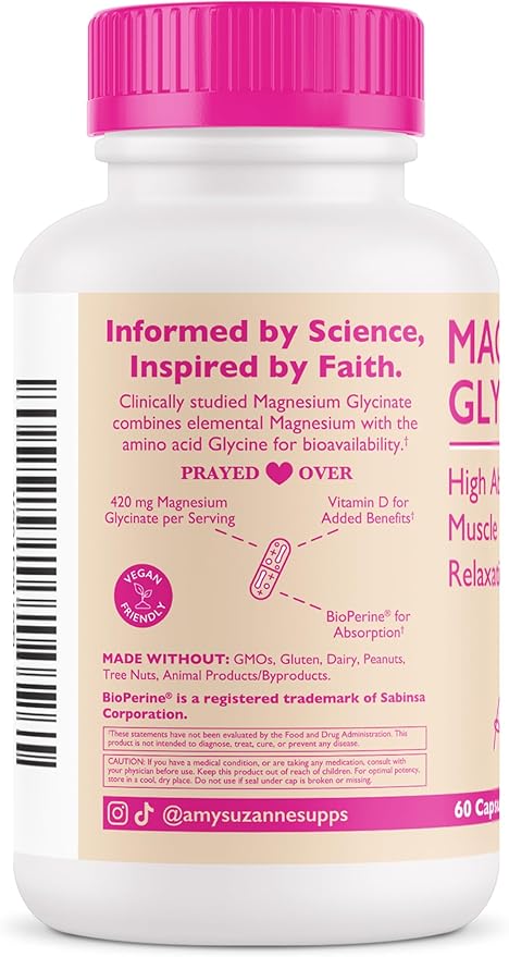 Magnesium Glycinate Supplement- High Absorption Magnesium Glycinate with Vitamin D - Mood, Natural Calm + Energy Levels - Bone + Muscle Health- 60 Capsules