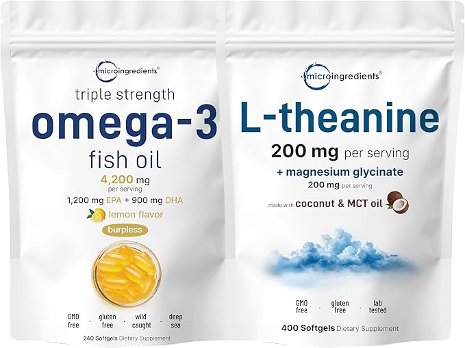 Micro Ingredients Omega-3 Fish Oil 4,200mg Softgels & L-Theanine 200mg Bundle 2 Pack | Wild-Caught Fish, Burpless with Lemon Flavor | Amino Acid & Mineral Complex