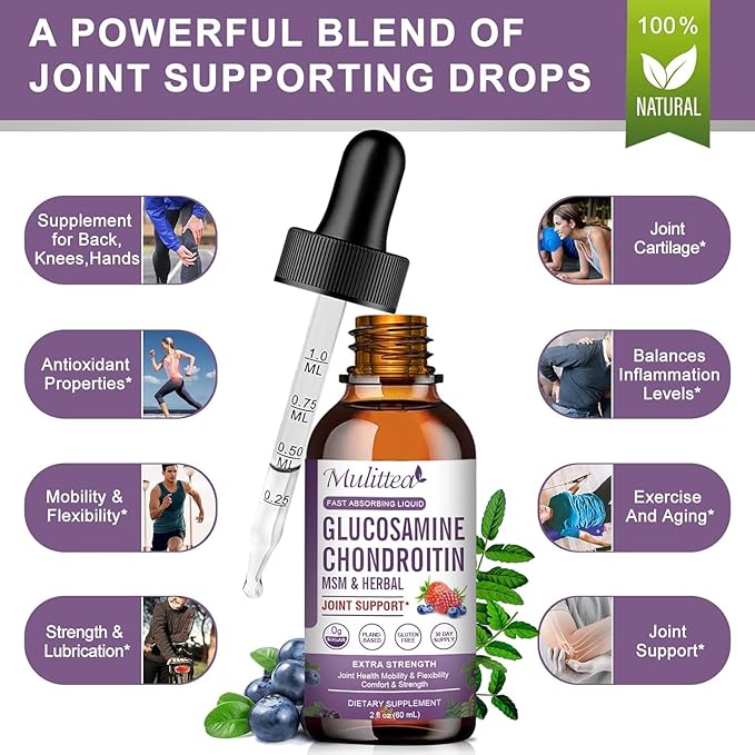 Glucosamine Chondroitin MSM Liquid Drops-w/Elderberry, Boswelia &Hyaluronic Acid-Extra Strength Joint Support Supplement for Mobility, Flexibility & Bones,High Absorption,60ml (2 fl oz)