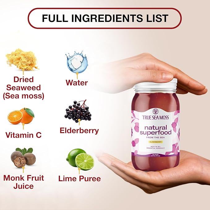 TrueSeaMoss Sea Moss Gel – Made in USA – Wildcrafted Seamoss, Fresh Fruits & Sea Vegetables – Elderberry, Pack of 3 (Labels may Vary)