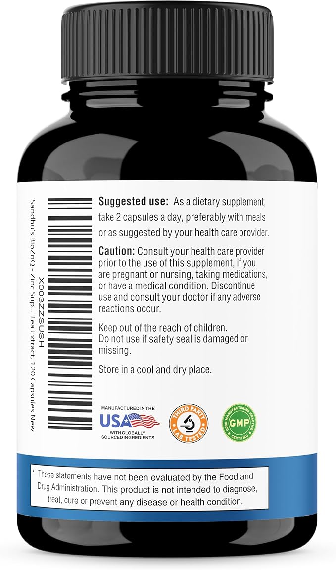 Sandhu's Zinc Supplement with Ionophores| Quercetin & Green Tea Extract for Superior Absorption and High Potency| 900mg Vegetarian Capsules 60 Days Supply| Immune Support for Men & Women