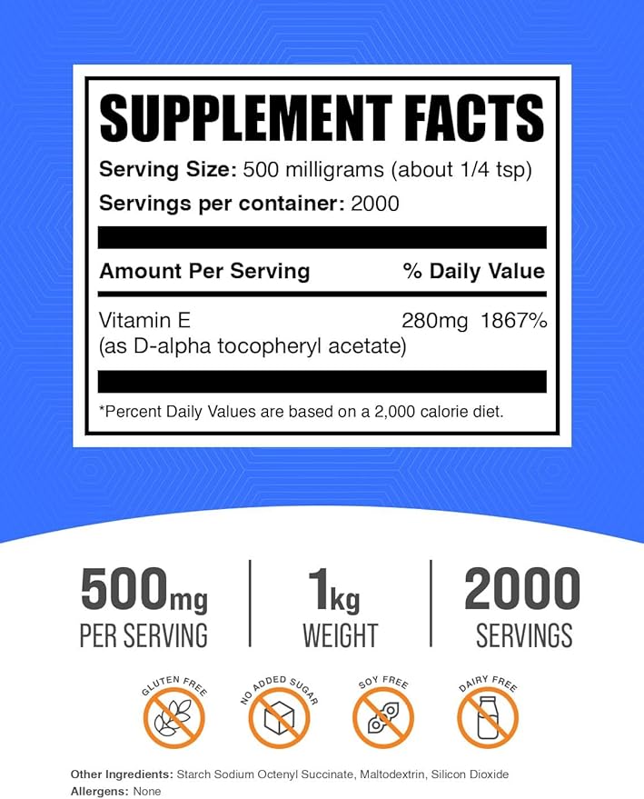 BulkSupplements.com Vitamin E 400 IU Powder - as D-Alpha Tocopherol, Nutritional Supplements - Gluten Free, 500mg per Serving, 1kg (2.2 lbs) (Pack of 1)
