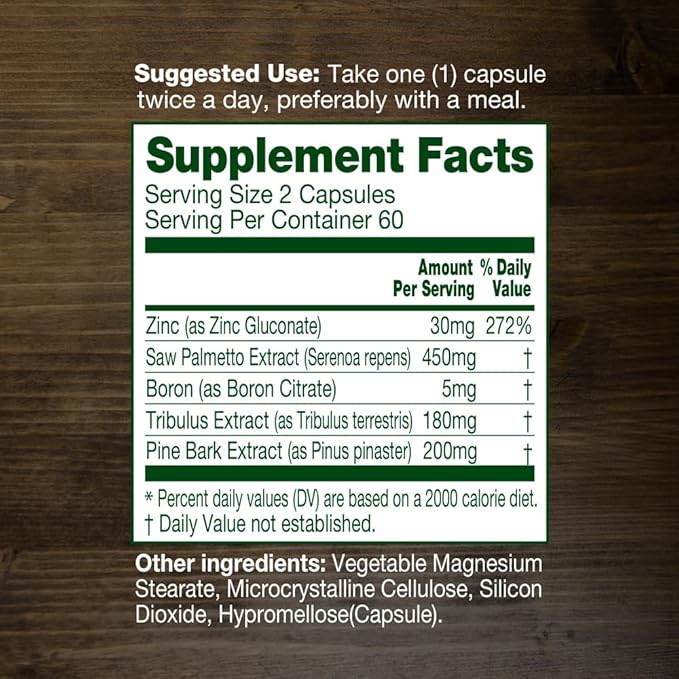 Saw Palmetto Complex 120 Vegetable Capsules for Men Prostate Support Urinary Health Zinc, Tribulus, Boron, Pine Bark 5-in-1 Blend Supplement