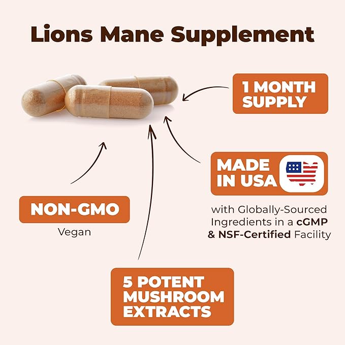 Lions Mane Supplement Capsules - Mushroom Powder Blend with Lions Mane Powder, Turkey Tail, Shiitake Mushrooms & More. Focus & Energy Supplements for Mood & Immune Support. Non-GMO. 60 Vegan Capsules