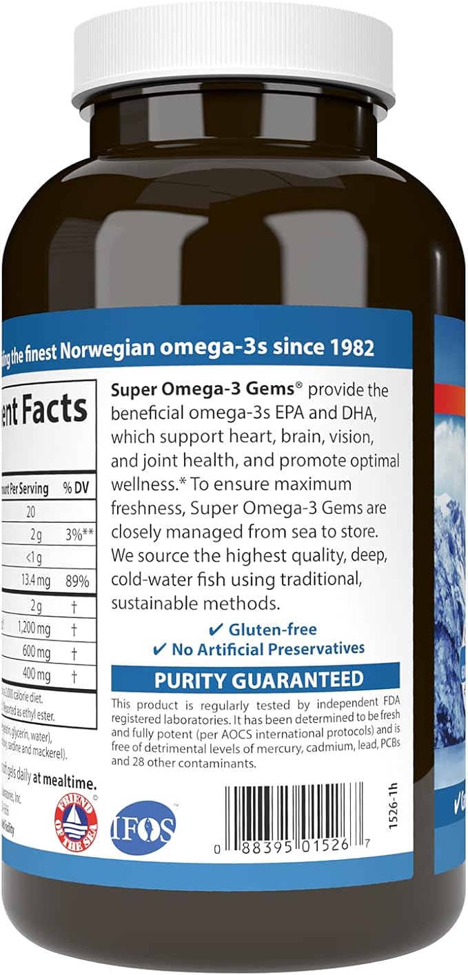 Carlson - Super Omega-3 Gems, 1200 mg Omega-3s, Cardiovascular Support, Brain Function & Vision Health, 180 soft gels