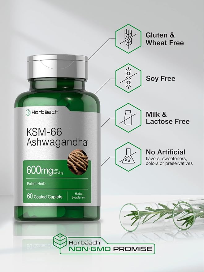 Horbaach KSM-66 Ashwagandha 600mg | with L-Theanine | 60 Coated Caplets | Vegan, Non-GMO, Gluten Free Complex Supplement