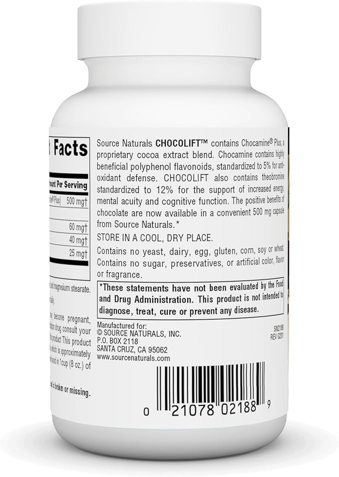 Source Naturals ChocoLift 500mg, Chocamine Plus Cocoa Extract for Positive Energy*, 500 mg - 60 Capsules