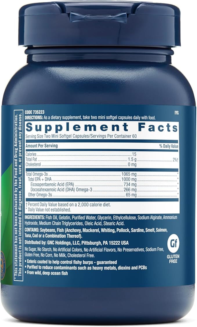 GNC Triple Strength Fish Oil Mini Omega 3 Supplement, 1000mg EPA and DHA, Supports Heart, Brain, Skin, Eye and Joint Health, 120 Mini Softgels
