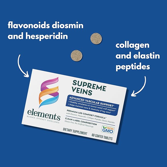 Elements Supreme Veins, 60 Tablets (30 Day Supply), Advanced Vascular Support Supplement, Supports Healthy Circulation and Elasticity in Leg Veins, Gluten Free