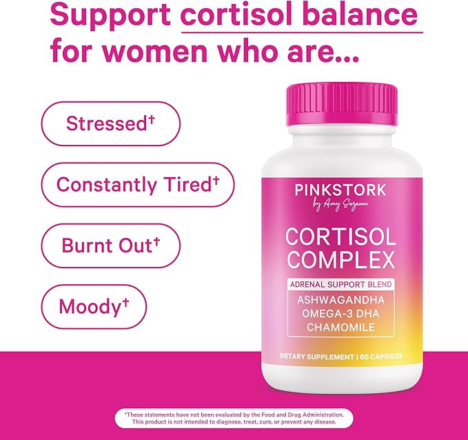 Pink Stork Cortisol Complex - Organic Ashwagandha, Omega 3 DHA, Saffron - Mood Balance, Stress Management, Energy Levels for Women - 60 Count