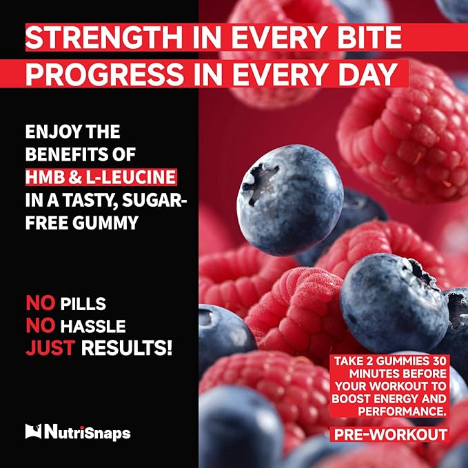 Sugar Free HMB and Leucine Gummies, HMB and Leucine Amino Acid Supplements for Men Women, with CoQ10, Rhodiola Rosea for Muscle Growth and Fast Workout Recovery, Vegan, Mixberry Flavor, 30 Servings
