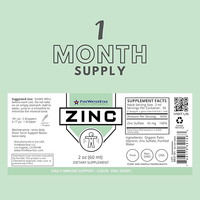 FWS Zinc Supplements - Liquid Zinc Drops for Men, Women, Kids - Organic, Non-GMO, Vegan - Supports Immune Health, Skin, and Overall Wellness - 2 oz