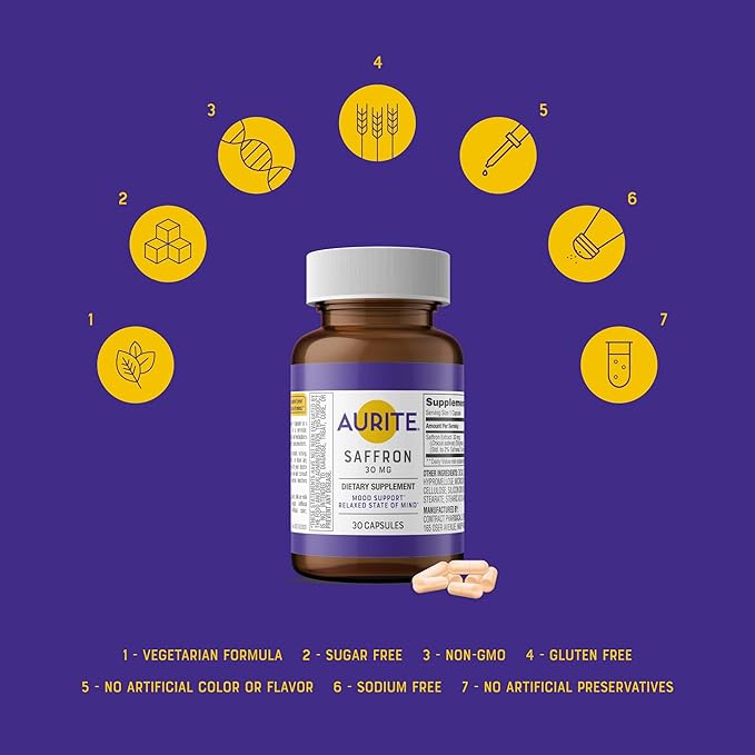 Saffron Supplement | Stress Management, Herbal Mood Support, Long-Term Memory, for Women & Men. 30 Count, Saffron 30mg, Vegetarian Friendly, Non-GMO, Gluten-Free, Soy-Free (1 Months of Supply)