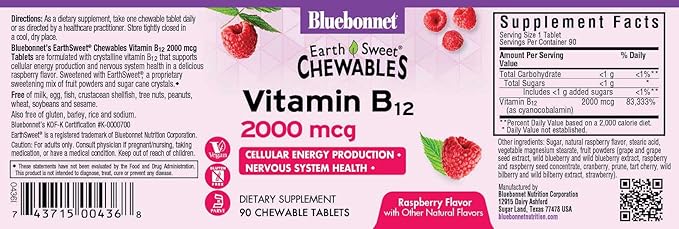 BlueBonnet Nutrition Earth Sweet Vitamin B12 2000 mcg Chewable Tablets, Soy-Free, Gluten-Free, Kosher Certified, Dairy-Free, Vegan, Raspberry Flavored, 90 Chewable Tablets, 90 Servings