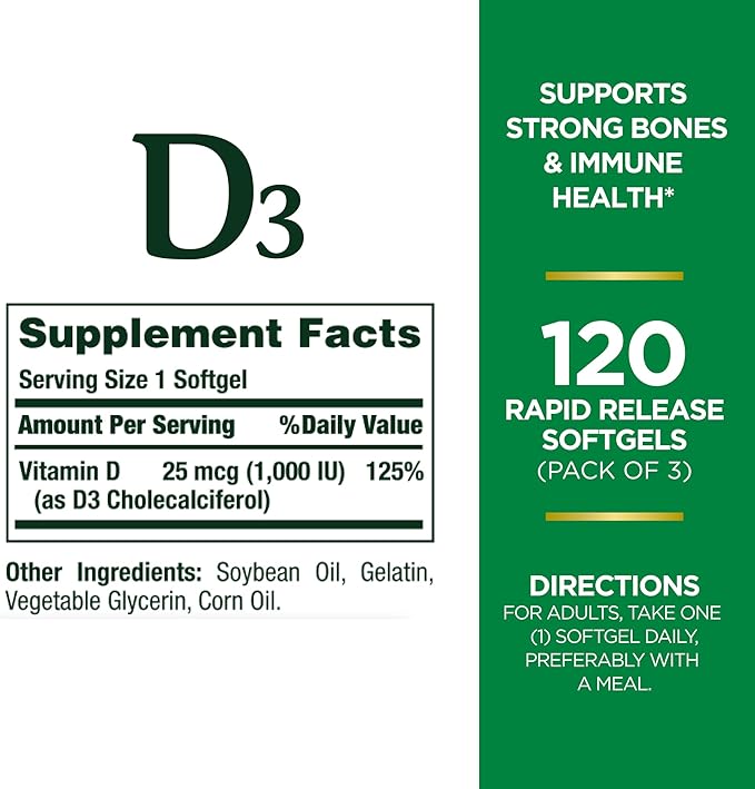 Nature's Bounty, Vitamin D3 Vitamin Supplement, Supports Immune System and Bone Health, 1000IU, 120 Softgels (Pack of 3)