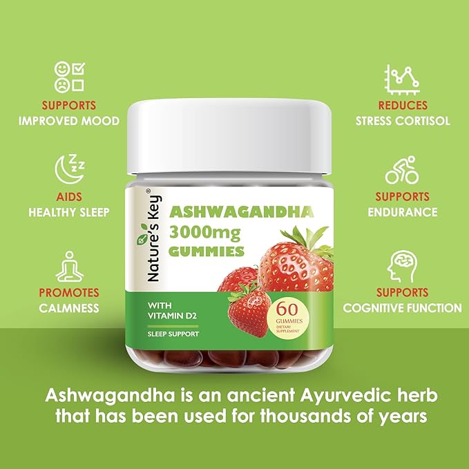 Nature's Key Ashwagandha Gummies, 3000mg High Potency Ashwagandha Root Extract with Vitamin D2, Stress, Calm Mood & Cognition, for Men & Women, Strawberry Flavor (60 Count (Pack of 1)