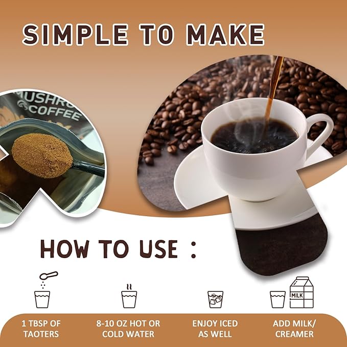 Mushroom Coffee Organic | Enhanced Focus, Boosted Immunity, Improved Energy | 6 Adaptogenic Mushrooms: Cordyceps, Reishi, King Trumpet, Shiitake, Lion's Mane & Turkey Tail | 30 Servings