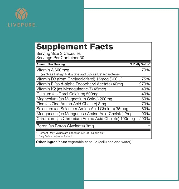 LivePURE CalciuMK+ Capsules | 90ct | Supports Bone Strength, Collagen Production & Joint Flexibility | Non-Dairy, Lactose-Free Calcium Supplement for Skeletal & Cartilage Health