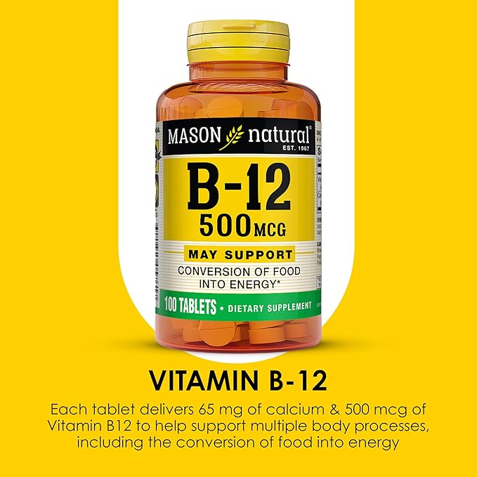 MASON NATURAL Vitamin B12 500 mcg with Calcium, Supports Energy & Nerve Health, 100 Tablets, Pack of 3