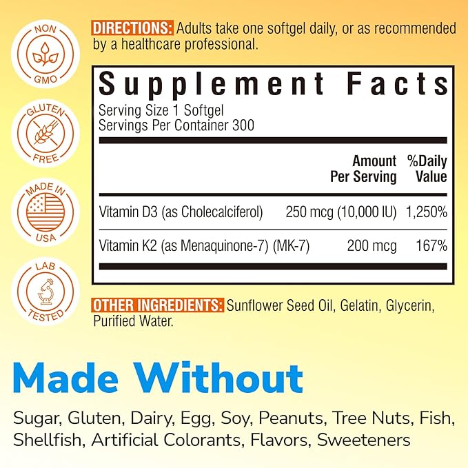 Vitamin D3 K2 Supplement, 10000 IU D3 / 200 mcg K2 MK7, Calcium Absorption, Bone, Heart, Immune & Muscle Support, Enhanced Absorption, No Soy, Easy to Swallow, 300 Softgels