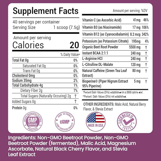 Superfood Beets 10.59oz 40 Servings - Nitric Oxide Booster for Heart Health Support & Energy, Organic Beet Root Powder, Non-GMO Beets Supplements, Berry Flavor Green Tea