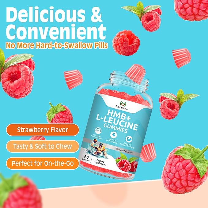 HMB & L-Leucine Gummies 4000mg (60 Count) - Sugar Free, Vegan, Non-GMO, Gluten Free - Supports Muscle Growth, Recovery & Endurance for Men, Women & Elder - Raspberry Flavor