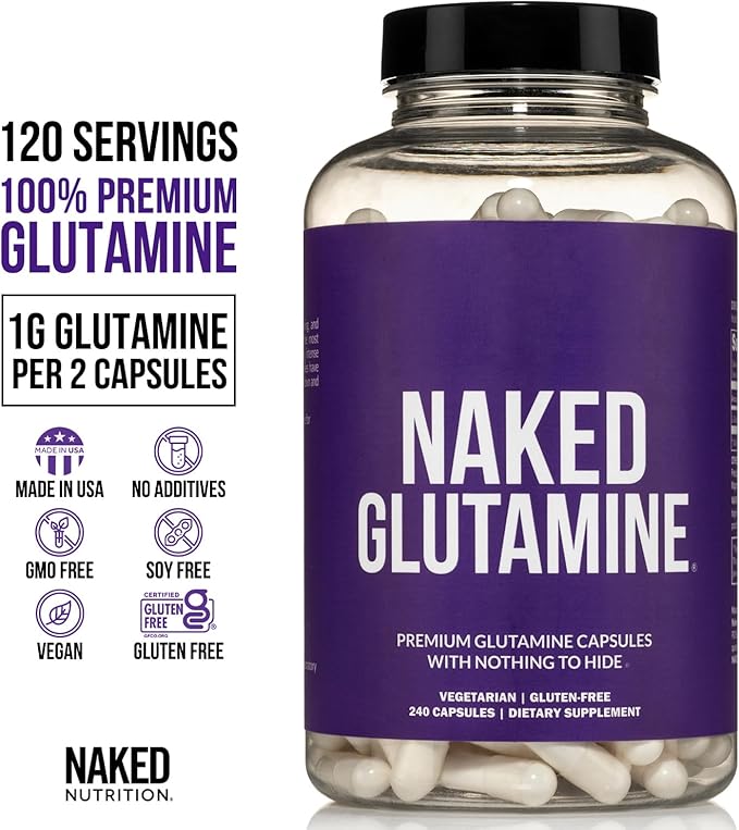NAKED L-Glutamine Muscle Recovery Capsules, 1000mg, 240 Count, Made in The USA, Non-GMO, Gluten and Soy Free